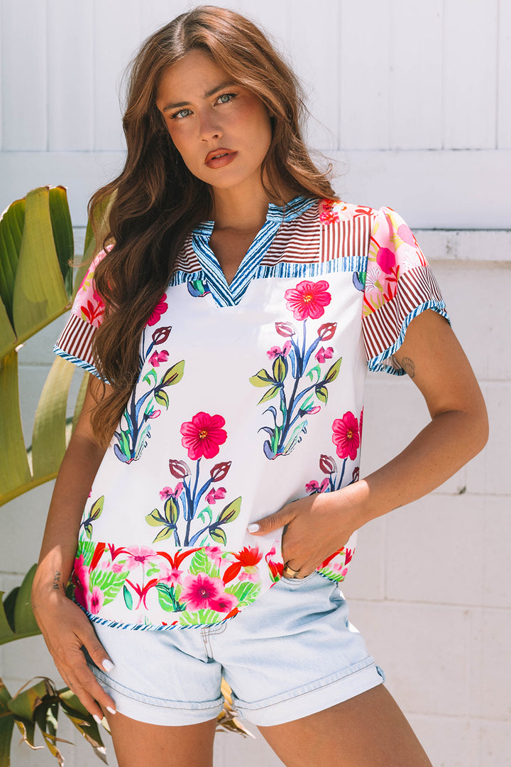 Floral Striped Patchwork Short Sleeve Split Neck Blouse