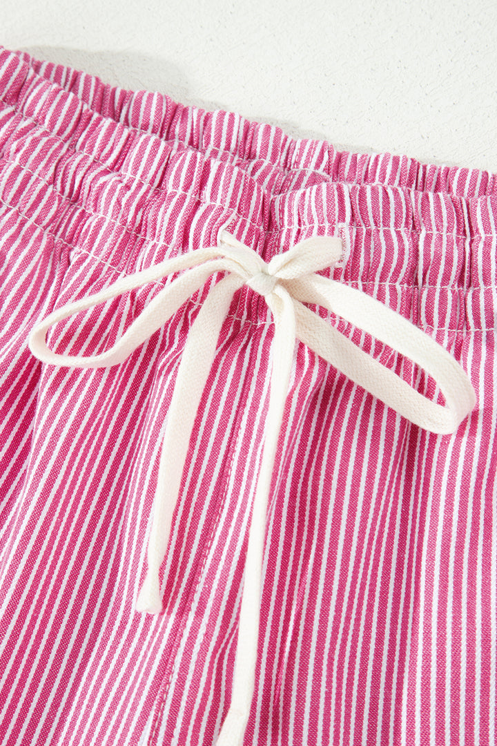 Pink Stripe Drawstring Elastic Waist Casual Denim Shorts