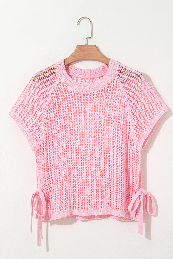 Hollow-out Crochet Side Tied Short Sleeve Sweater