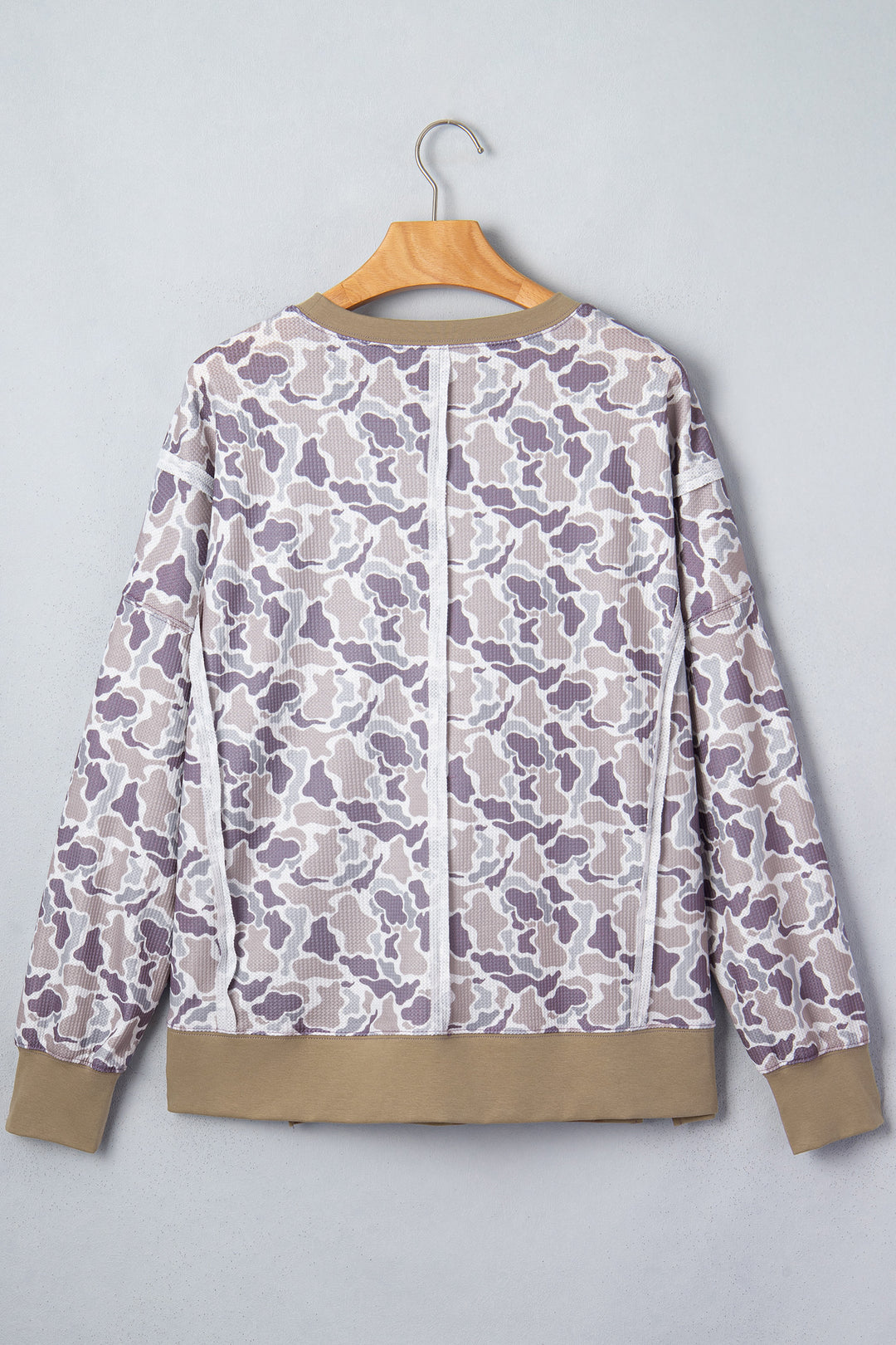 Khaki Camouflage Print Textured Knit Color Block Trim Long Sleeve Top