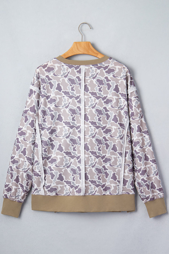 Khaki Camouflage Print Textured Knit Color Block Trim Long Sleeve Top