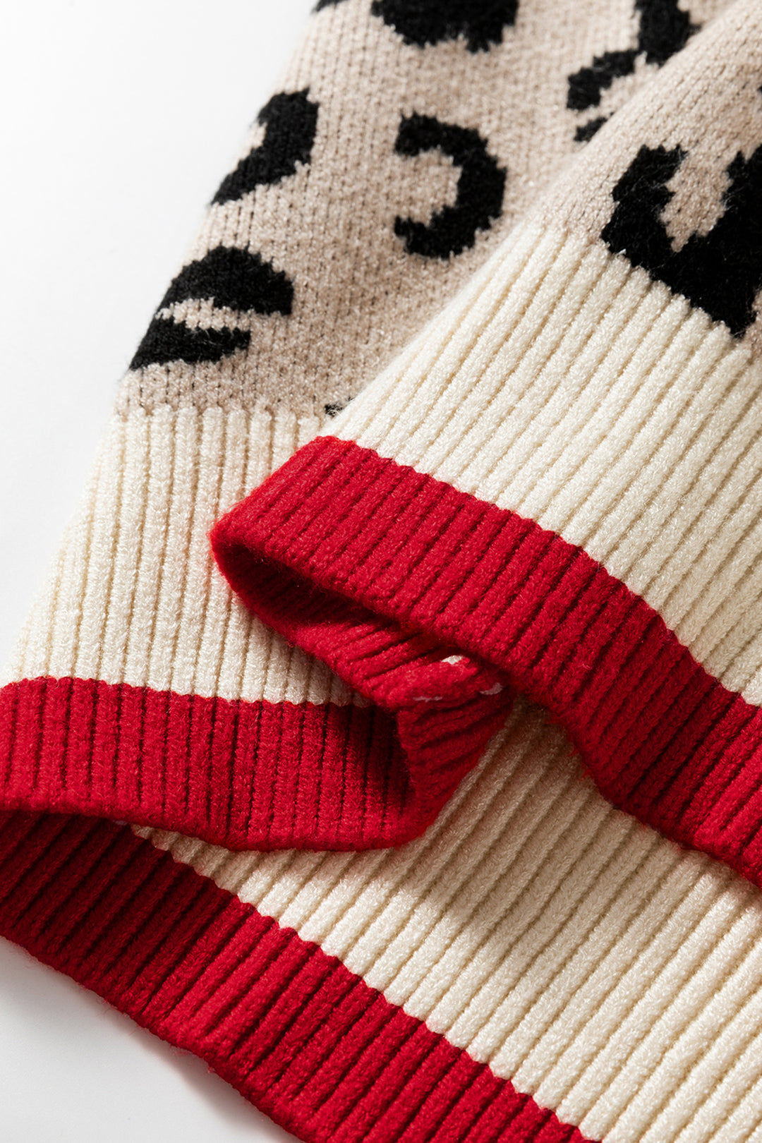 Khaki Leopard Pattern V-Neck Contrast Rib Knitted Sweater