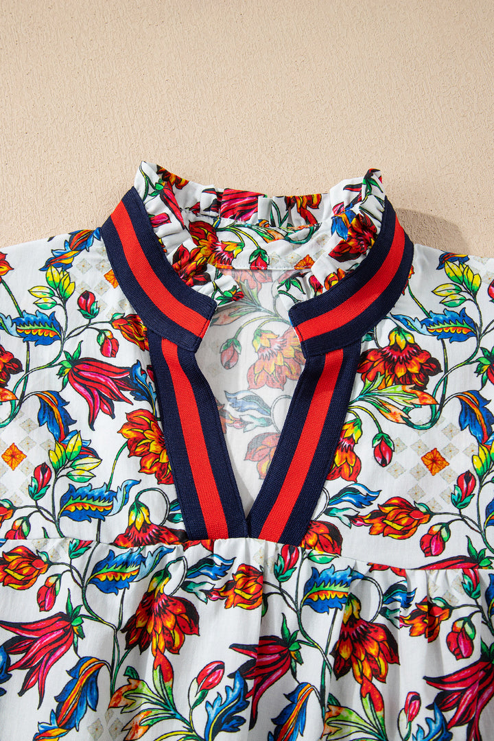Contrasted V Neckline Floral Puff Short Sleeve Blouse