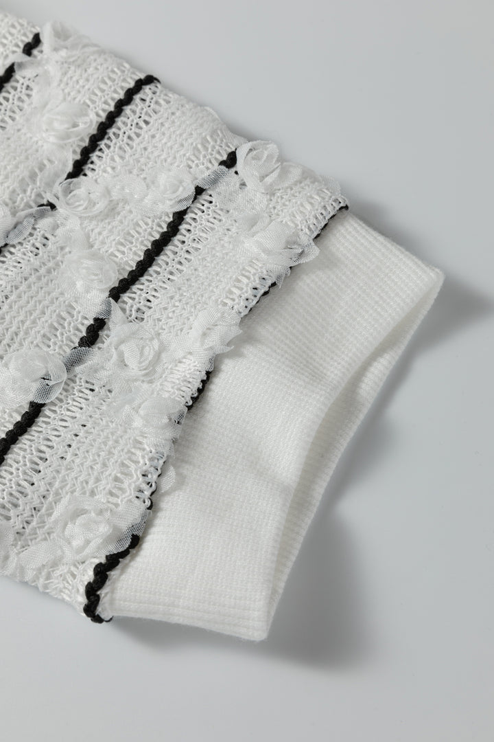 Button Placket 3/4 Striped Sleeve Patchwork Rib Knit Top