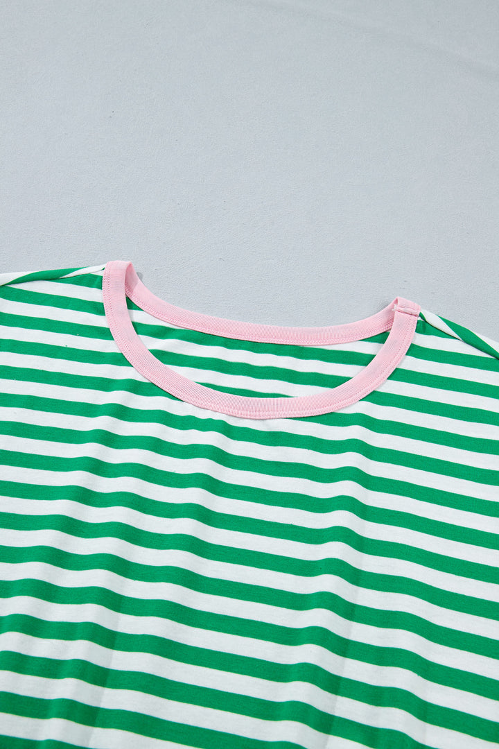 Green Stripe Nautical Tie Contrast Trim Round Neck T Shirt Mini Dress