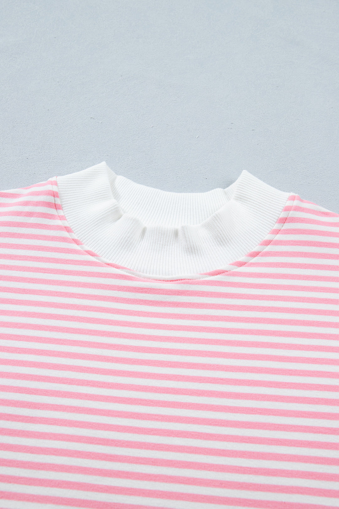 Pink Stripe Cuffed Sleeve Contrast Mock Neck Tee Casual 2pcs Short Set