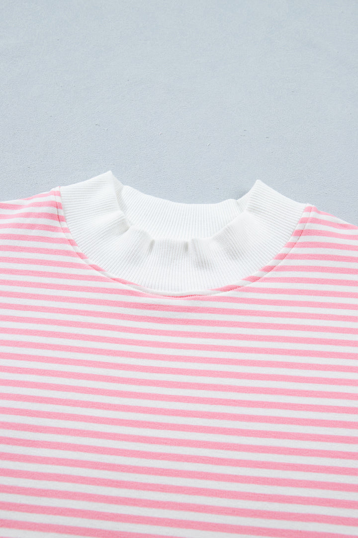 Pink Stripe Cuffed Sleeve Contrast Mock Neck Tee Casual 2pcs Short Set