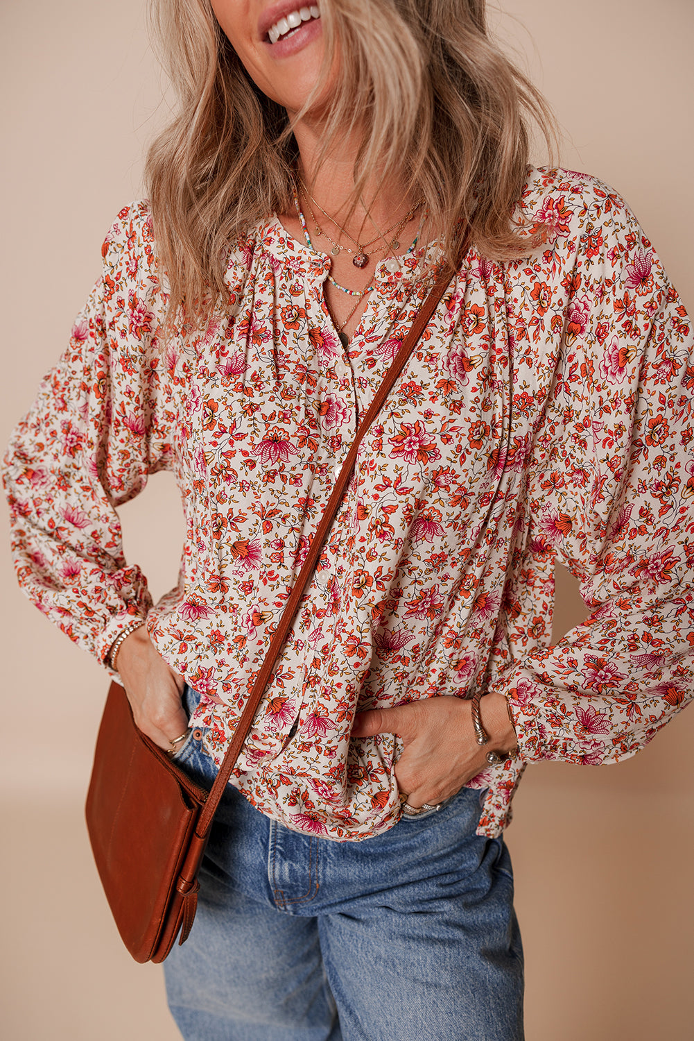 Floral Print Pleated Detail Notched Neck Puff Sleeve Blouse