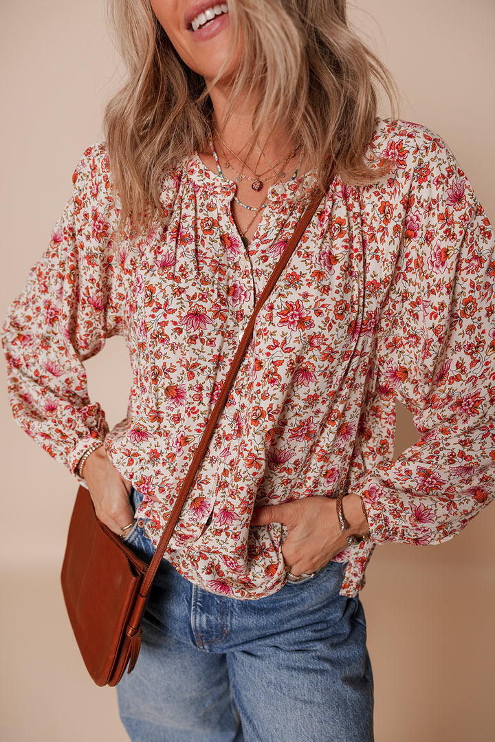 Floral Print Pleated Detail Notched Neck Puff Sleeve Blouse