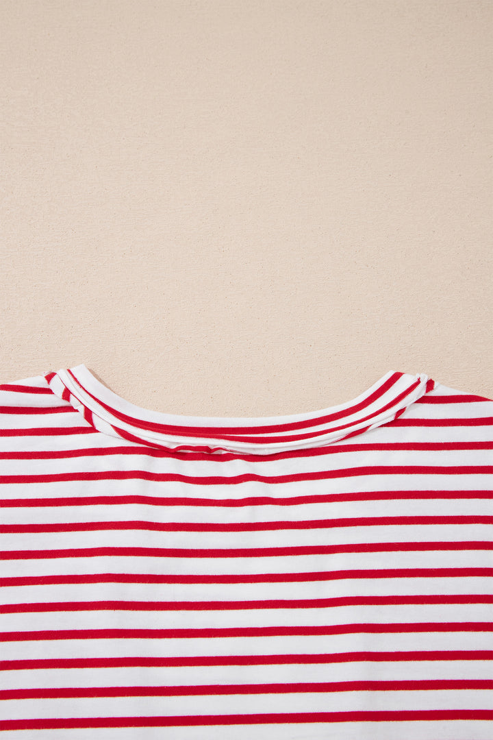 Red Stripe Floral Puff Sleeve Patchwork Round Neck Loose Top