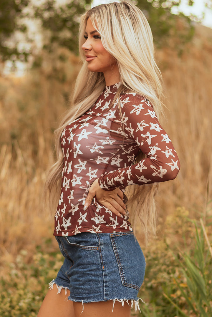 Mesh Star Print Mock Neck Sheath Long Sleeve Top