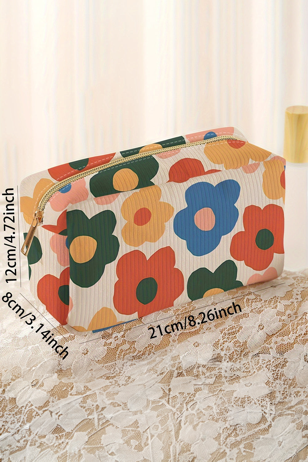 Flower Print Zipper Square Corduroy Cosmetic Bag