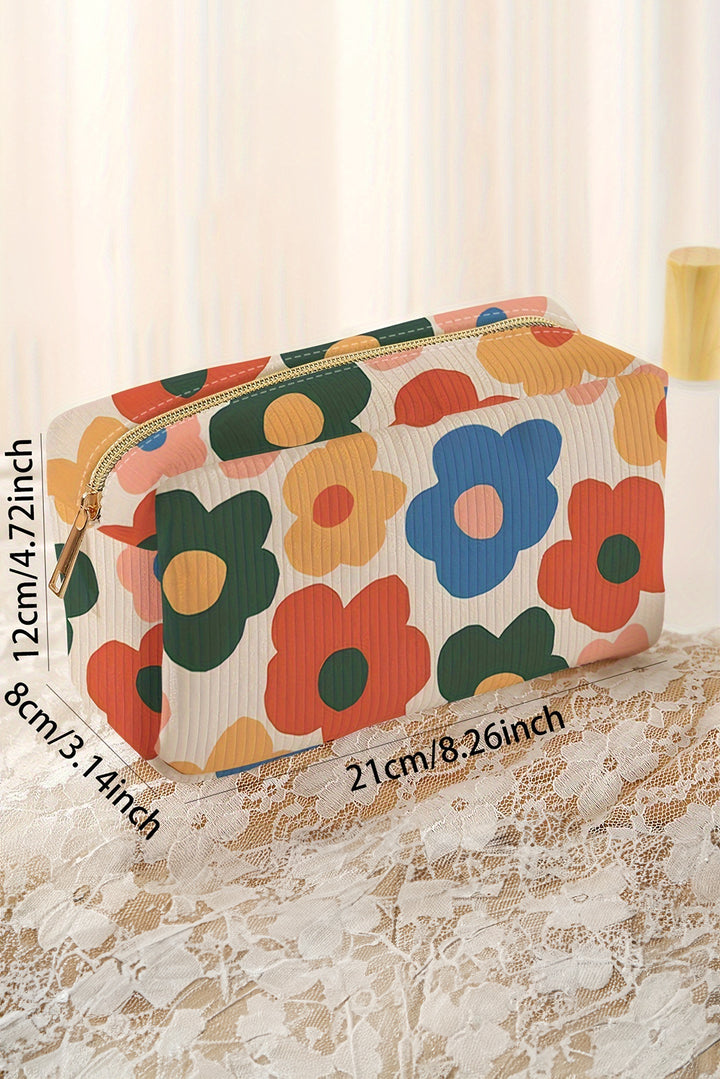 Flower Print Zipper Square Corduroy Cosmetic Bag