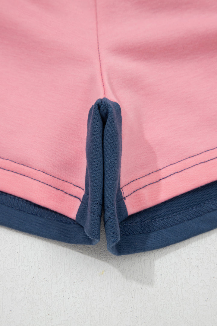 Pink Color Block Patchwork Varsity Striped Detail Drawstring Elastic Waist Shorts
