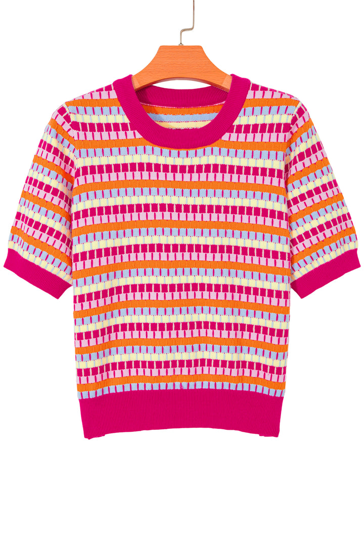 Rose Red Abstract Striped Knit Short Sleeve Sweater