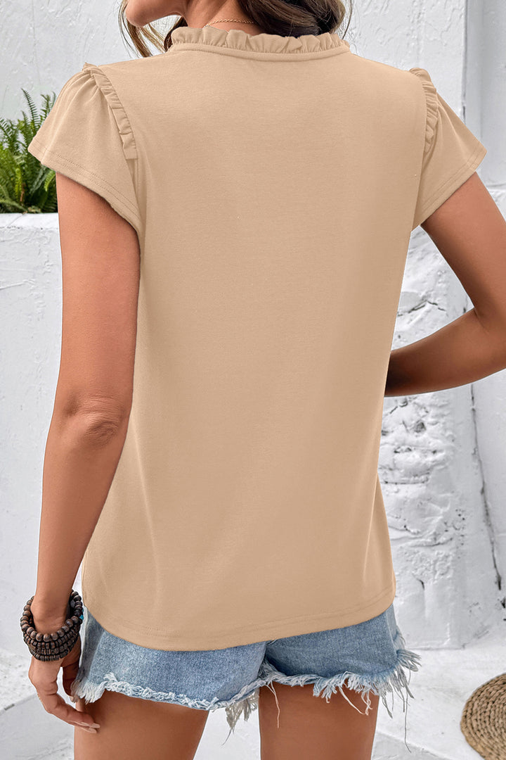 Oatmeal Sheer Lace Splicing Split Neck Ruffle Short Sleeve Blouse