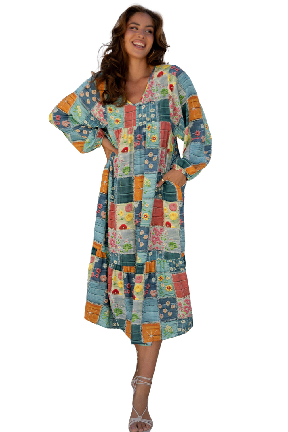 Mix Floral Checkered Pattern Bubble Sleeve Ruffle Hem Dress