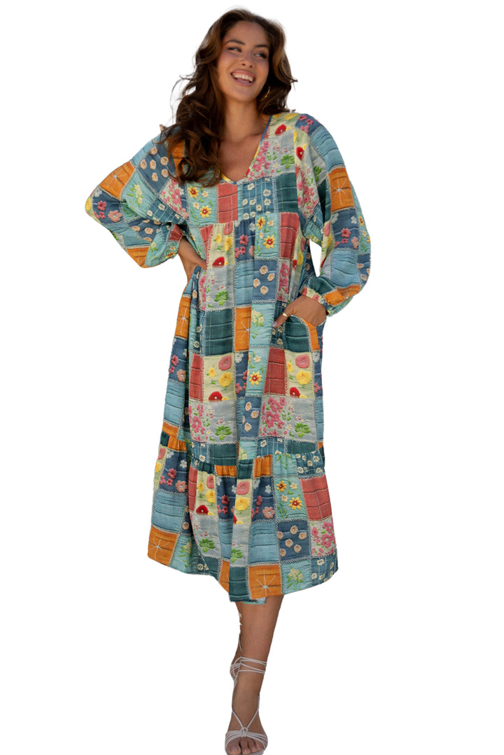 Mix Floral Checkered Pattern Bubble Sleeve Ruffle Hem Dress
