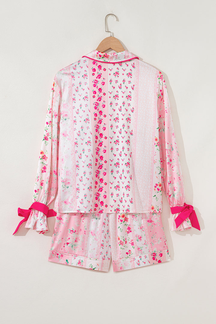 Pink Mixed Floral Print Contrast Piping Trim Satin Tie 2pcs Pajama Set
