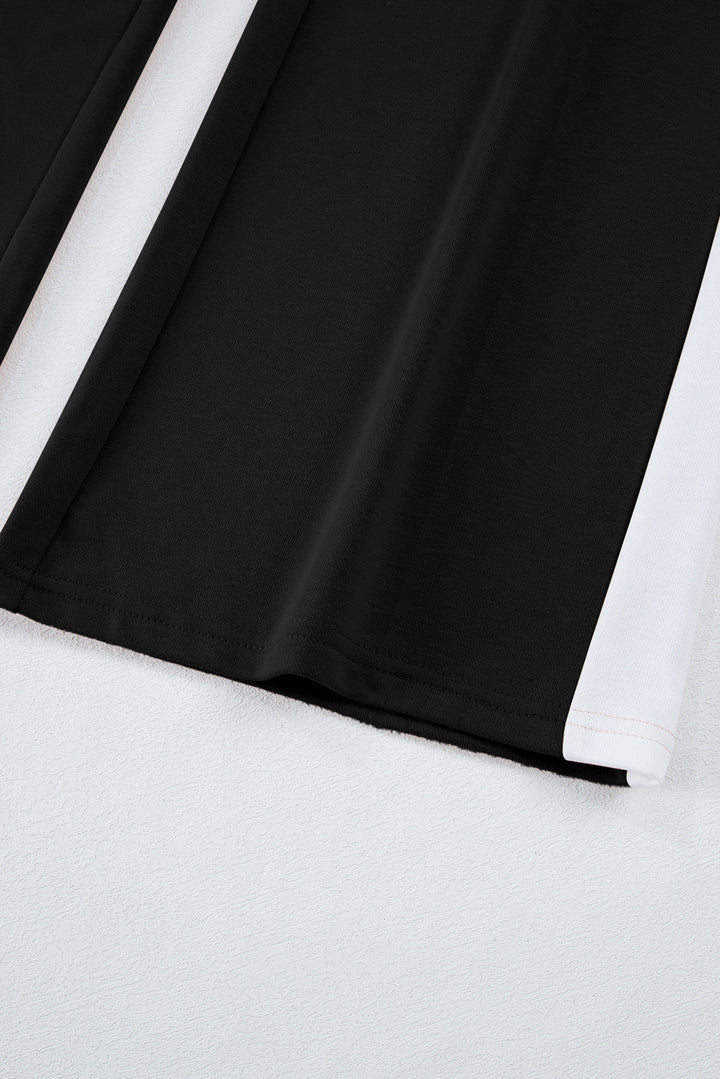 Black Varsity Stripe Patchwork Puff Sleeve Pullover Drawstring Wide Leg Pant Set