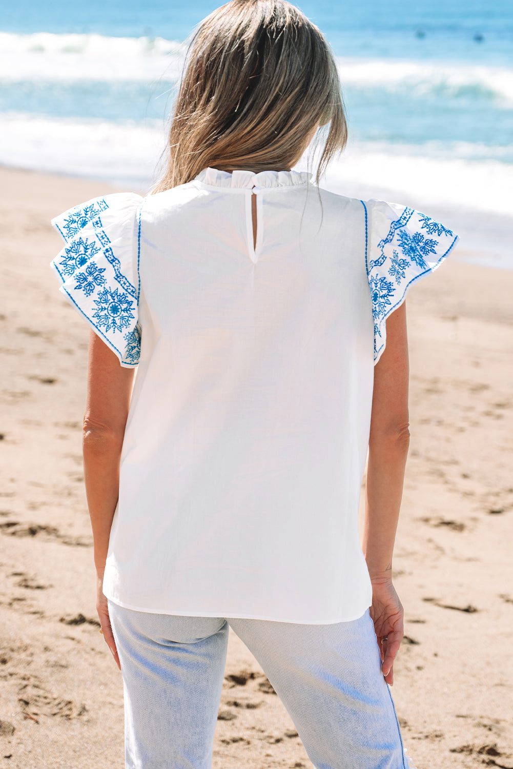 Embroidered Ruffled Sleeve Frilled Collar Blouse