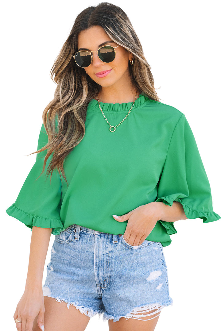 Frilly Round Neck Wide Half Sleeve Blouse