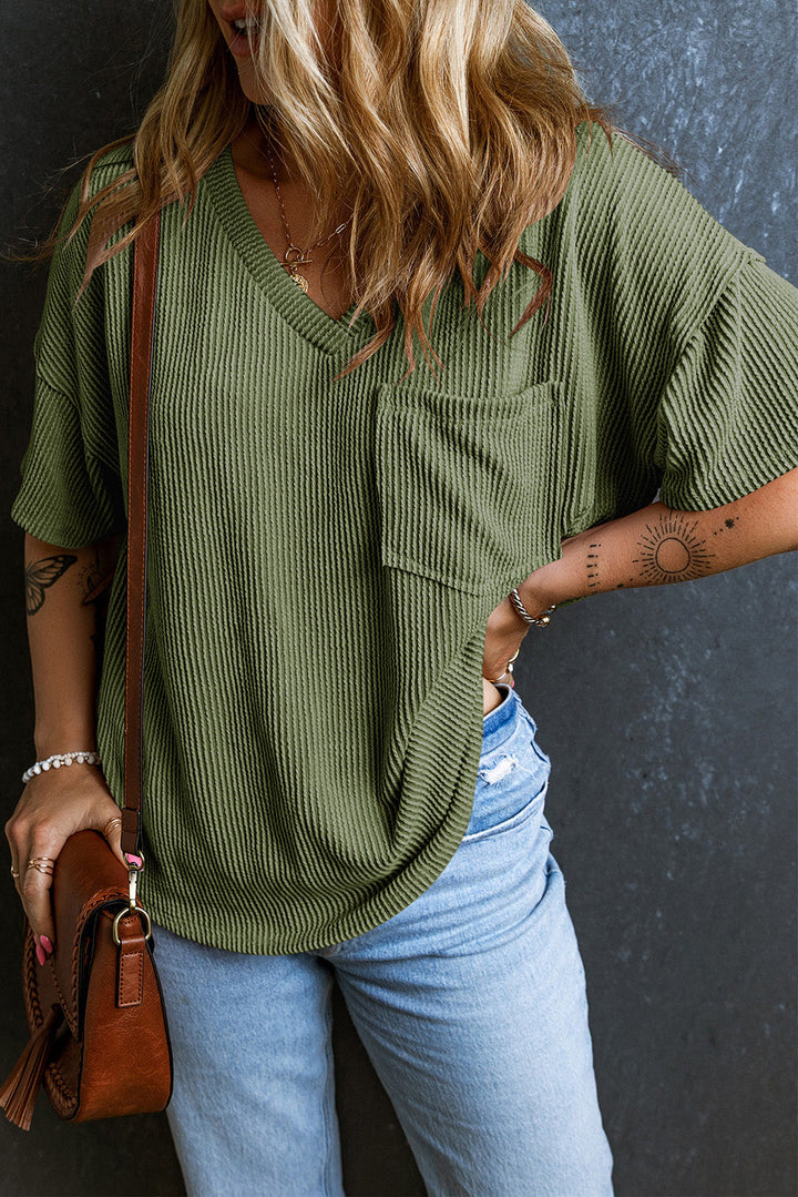 corded v neck chest pocket loose t shirt