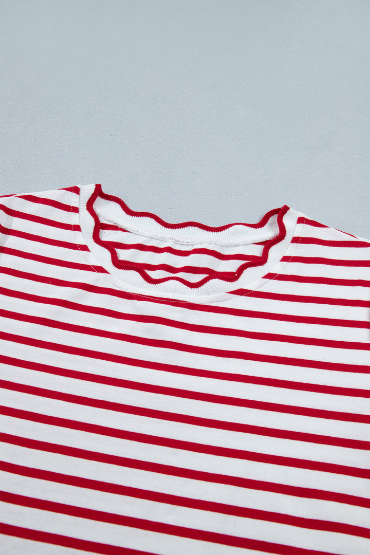 Cute Red Stripe Scallop Trim Casual Top 2pcs Short Set