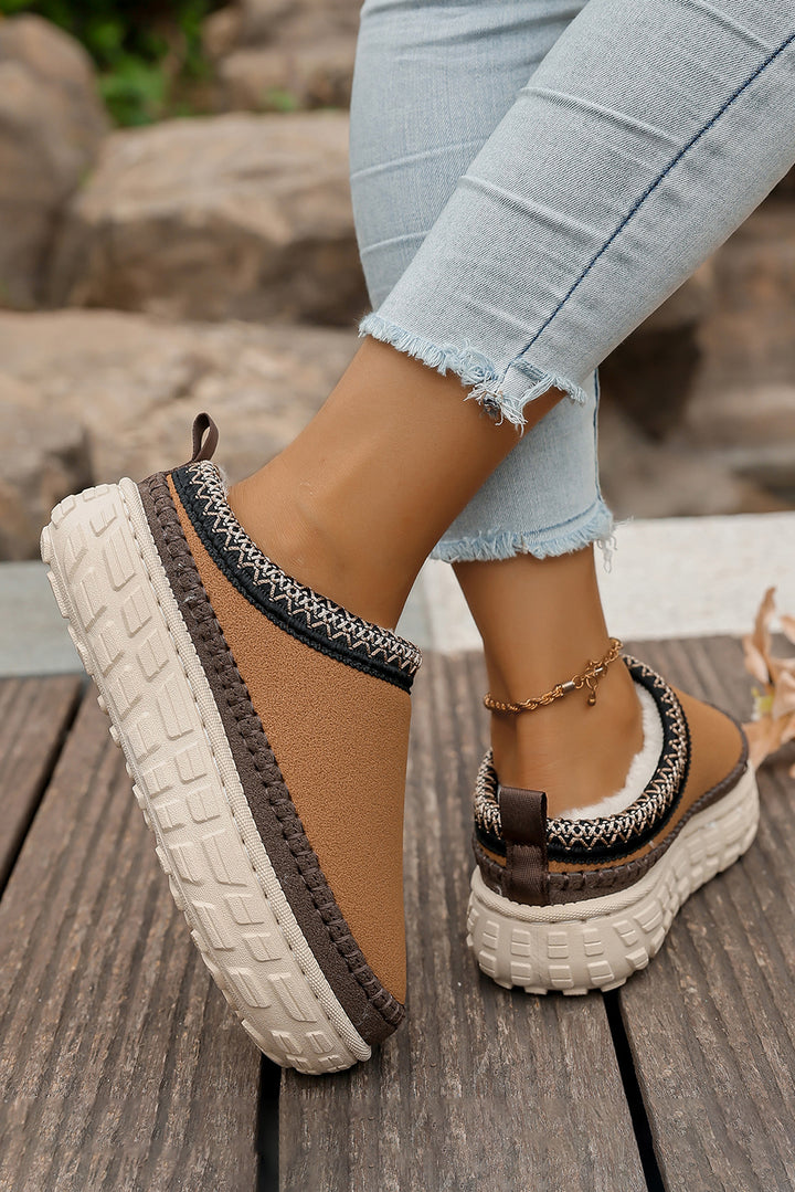 Contrast Stitch Detail Faux Suede PU Patchwork Plush Winter Clog Slippers