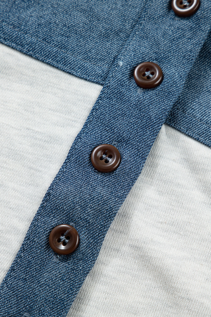 Color Block Denim Patchwork Button Polo Collar Short Sleeve Top
