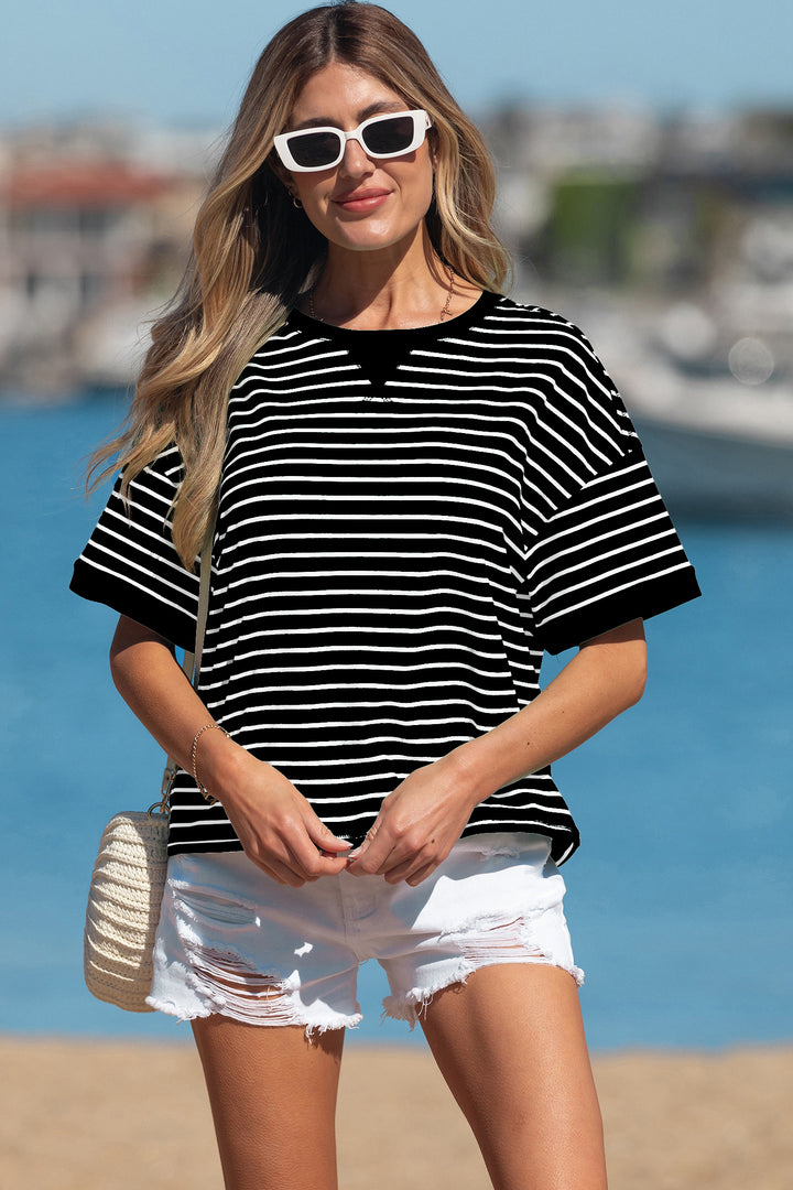 Casual Black Stripe Ribbed Patchwork Seam Detail Half Sleeve Tee