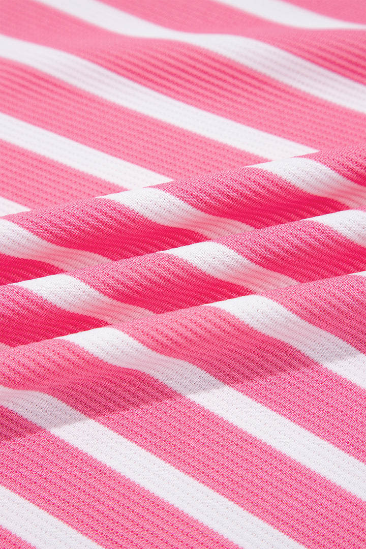 Pink Stripe Short Puff Sleeve Color Block Polo Collar Blouse
