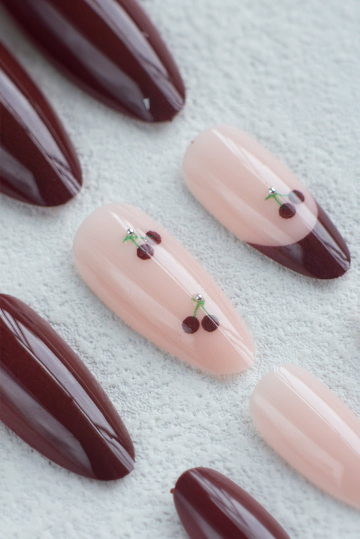 Bow Cherry Pearled Almond Shape Nail Stickers with Jelly Glue