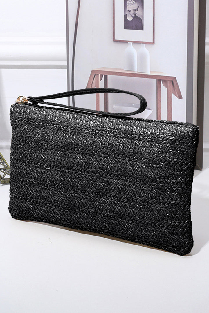 Straw Woven Wrist Strap Zipper Large Wallet