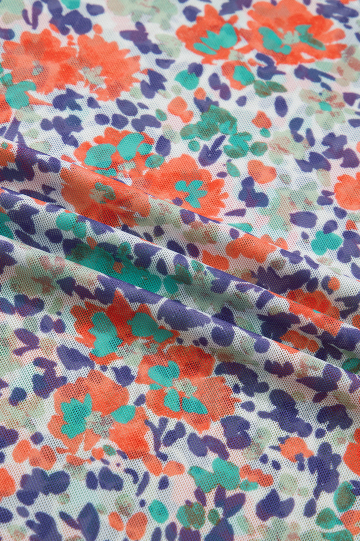 Blue Floral Print Slim Fit Mesh Long Sleeve Mock Neck Top