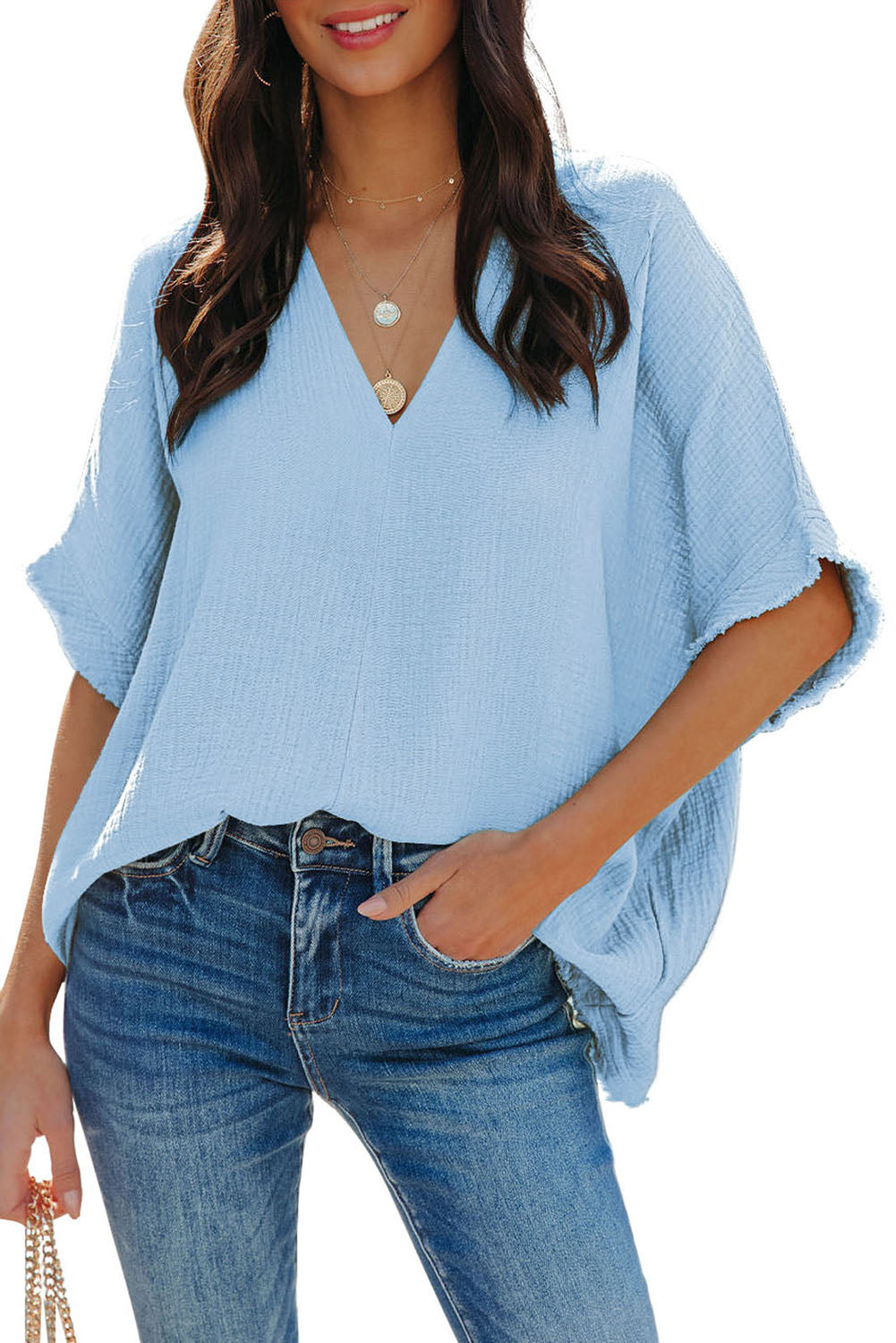 Sky Blue Frayed Batwing Sleeve Textured Cotton Blouse