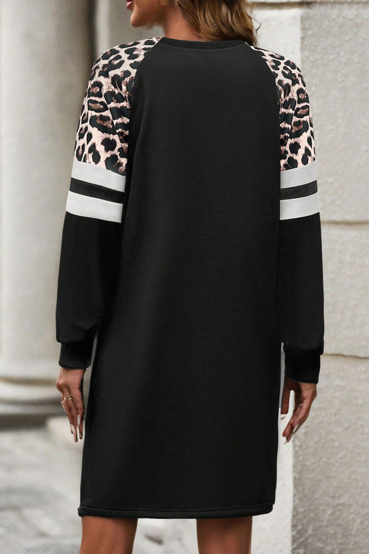 Black Leopard Print Patchwork Varsity Raglan Sleeve Sweatshirt Dress