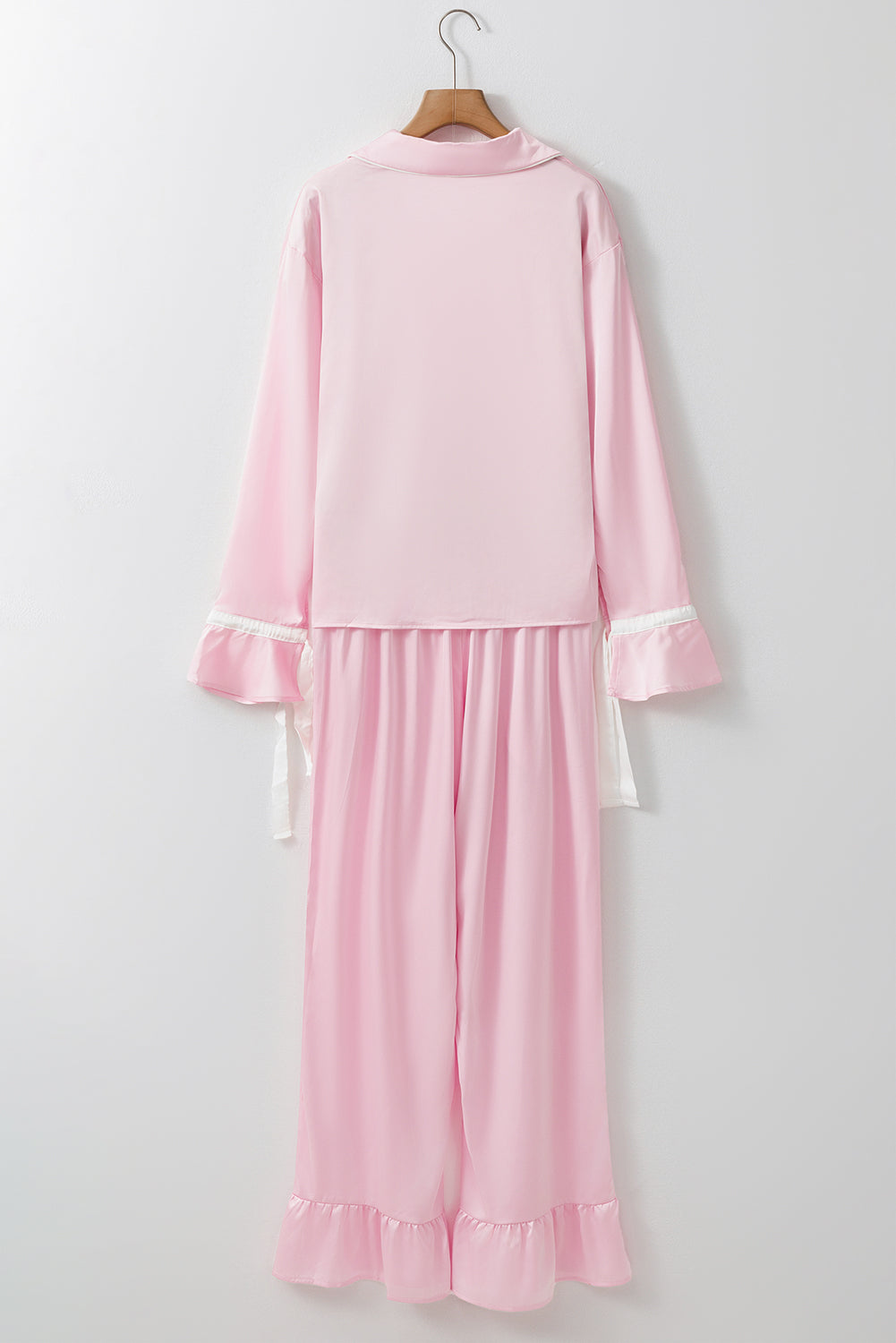 satin knot accent shirt and ruffled pants lounge set