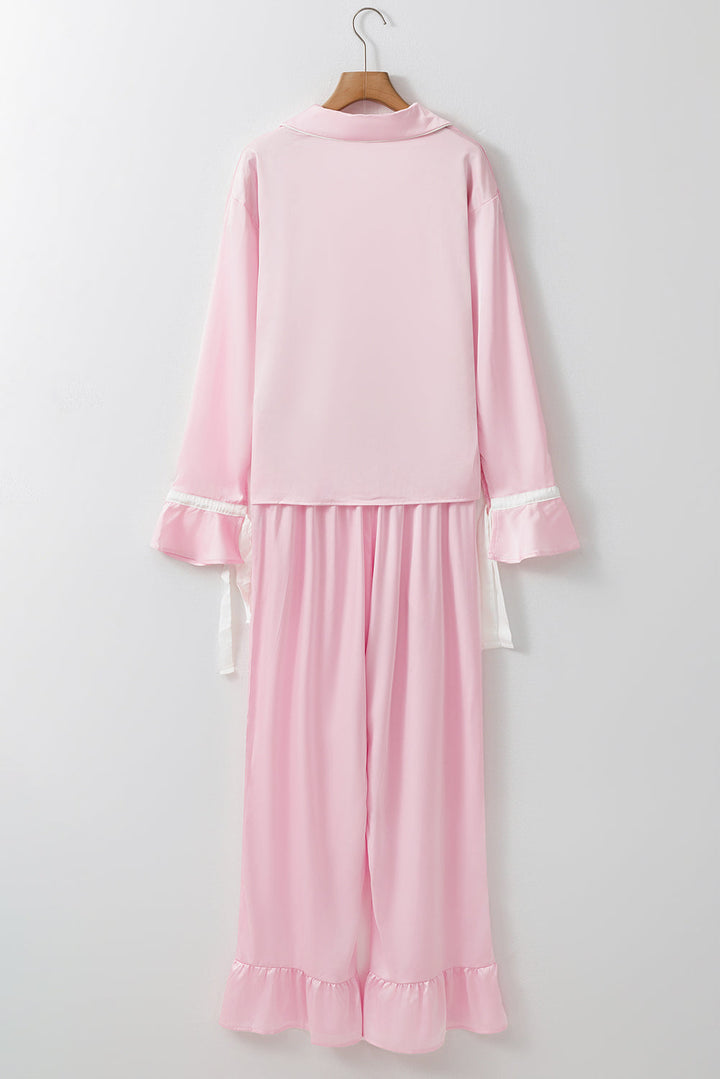 satin knot accent shirt and ruffled pants lounge set
