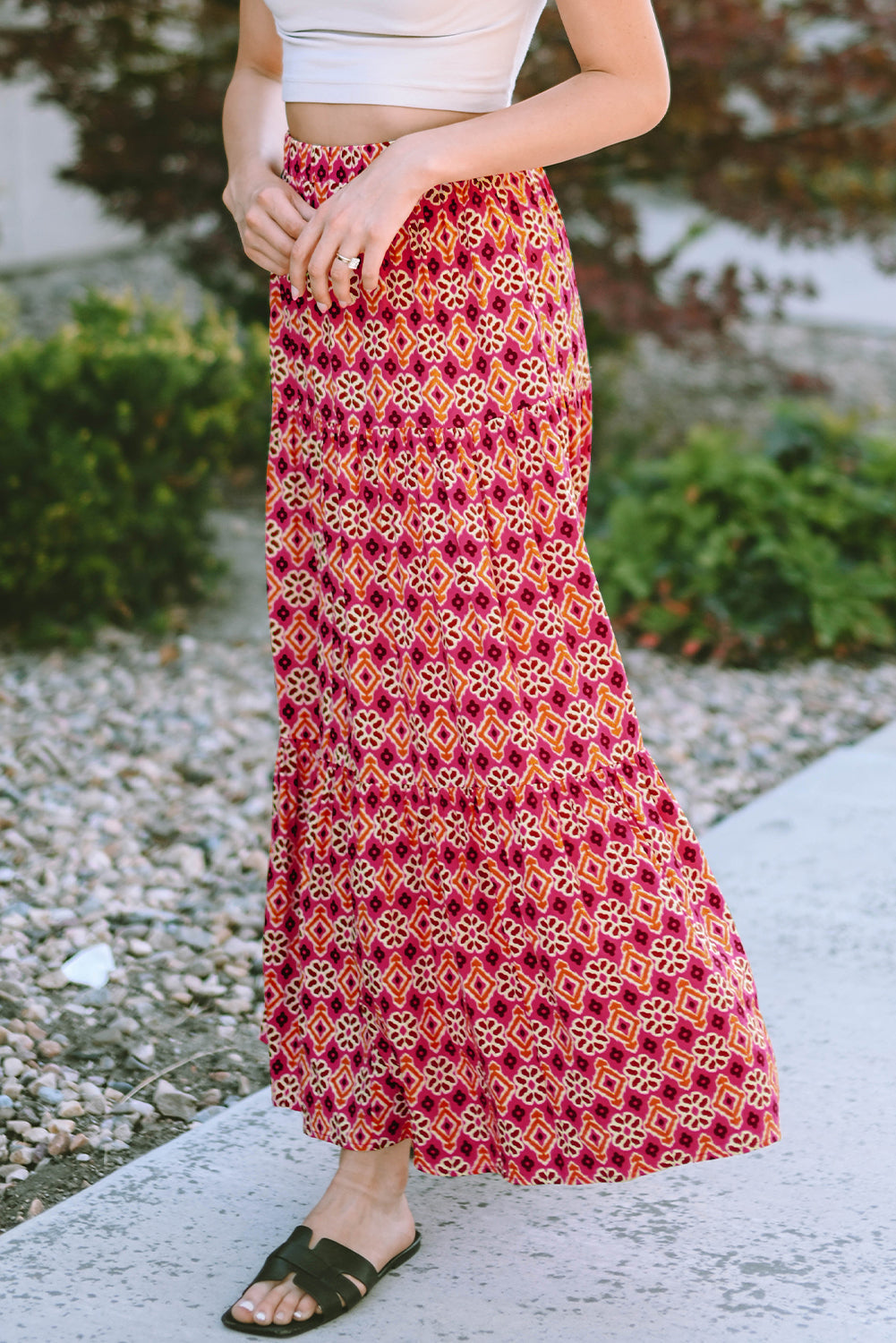 Vintage Boho Floral Print Tiered Maxi Skirt