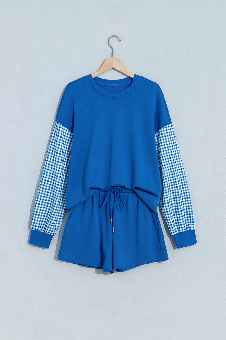 Blue Plaid Patchwork Long Sleeve Top Solid Drawstring Shorts Set