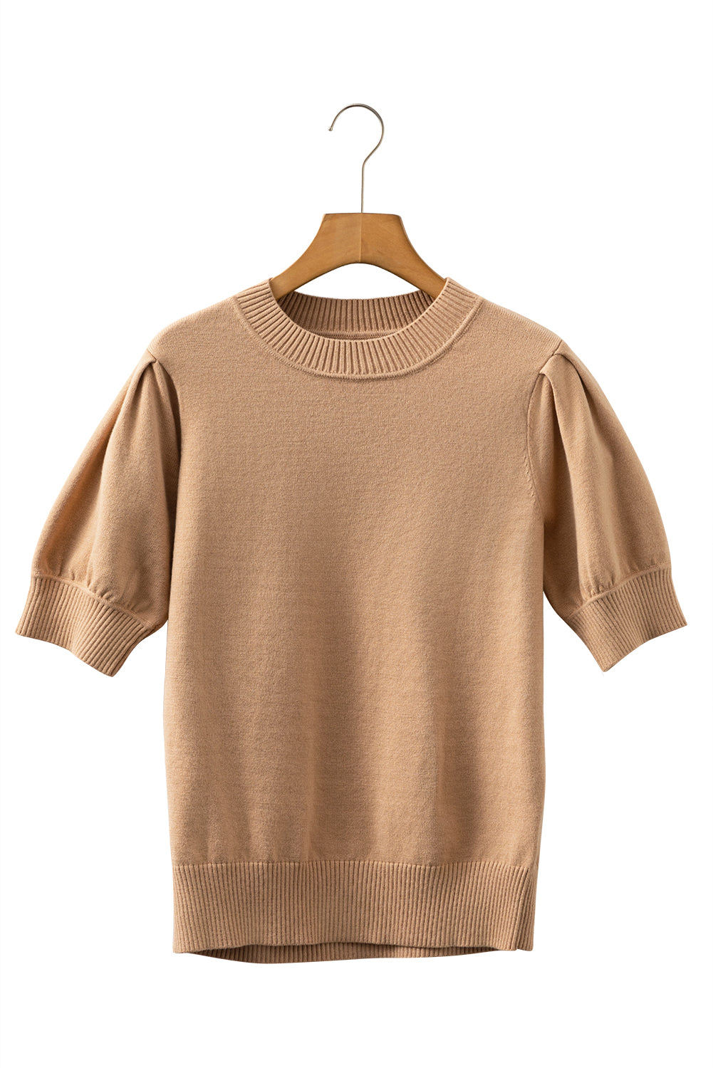Light French Beige Solid Color Knit Short Puff Sleeve Sweater