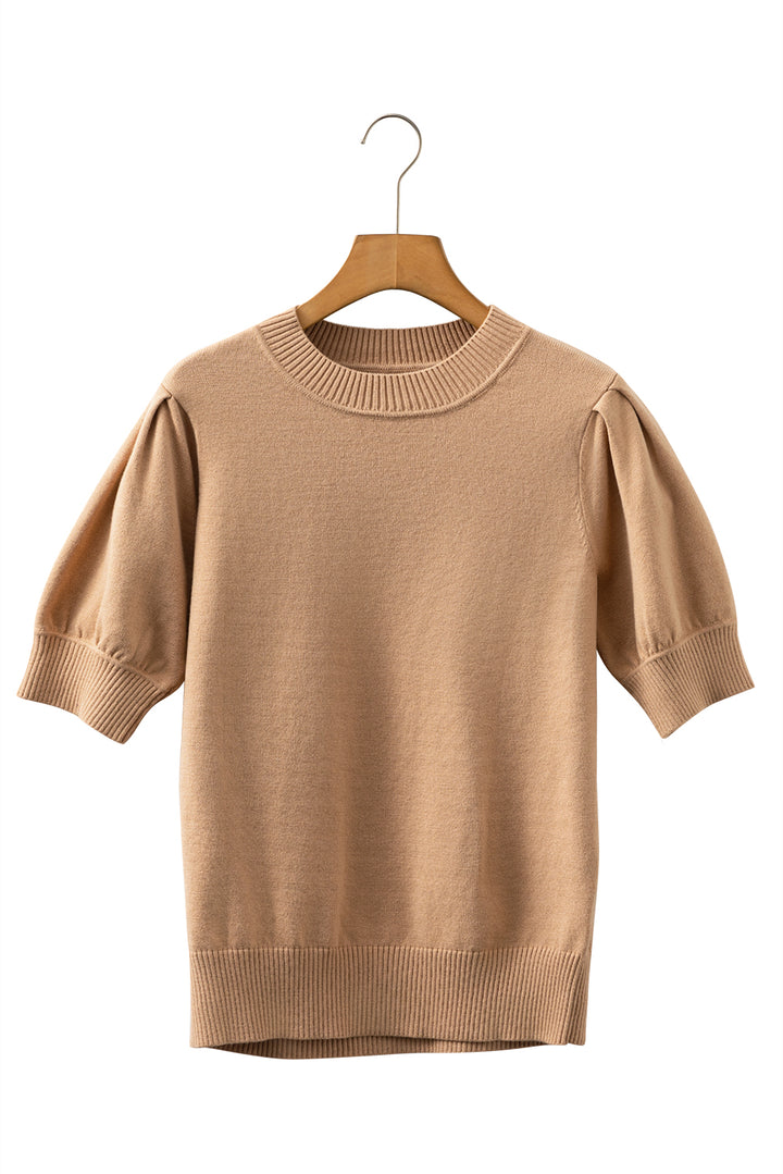 Light French Beige Solid Color Knit Short Puff Sleeve Sweater