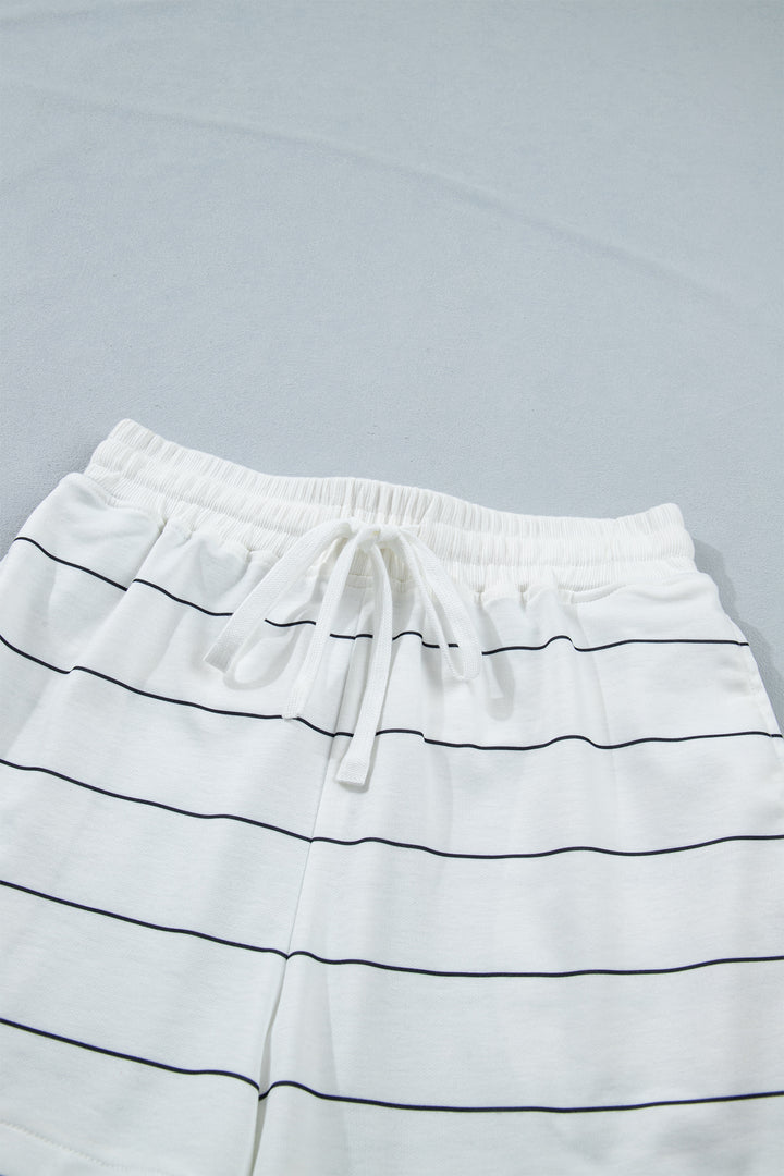 White Stripe Half Sleeve Tee Drawstring Shorts 2pcs Set
