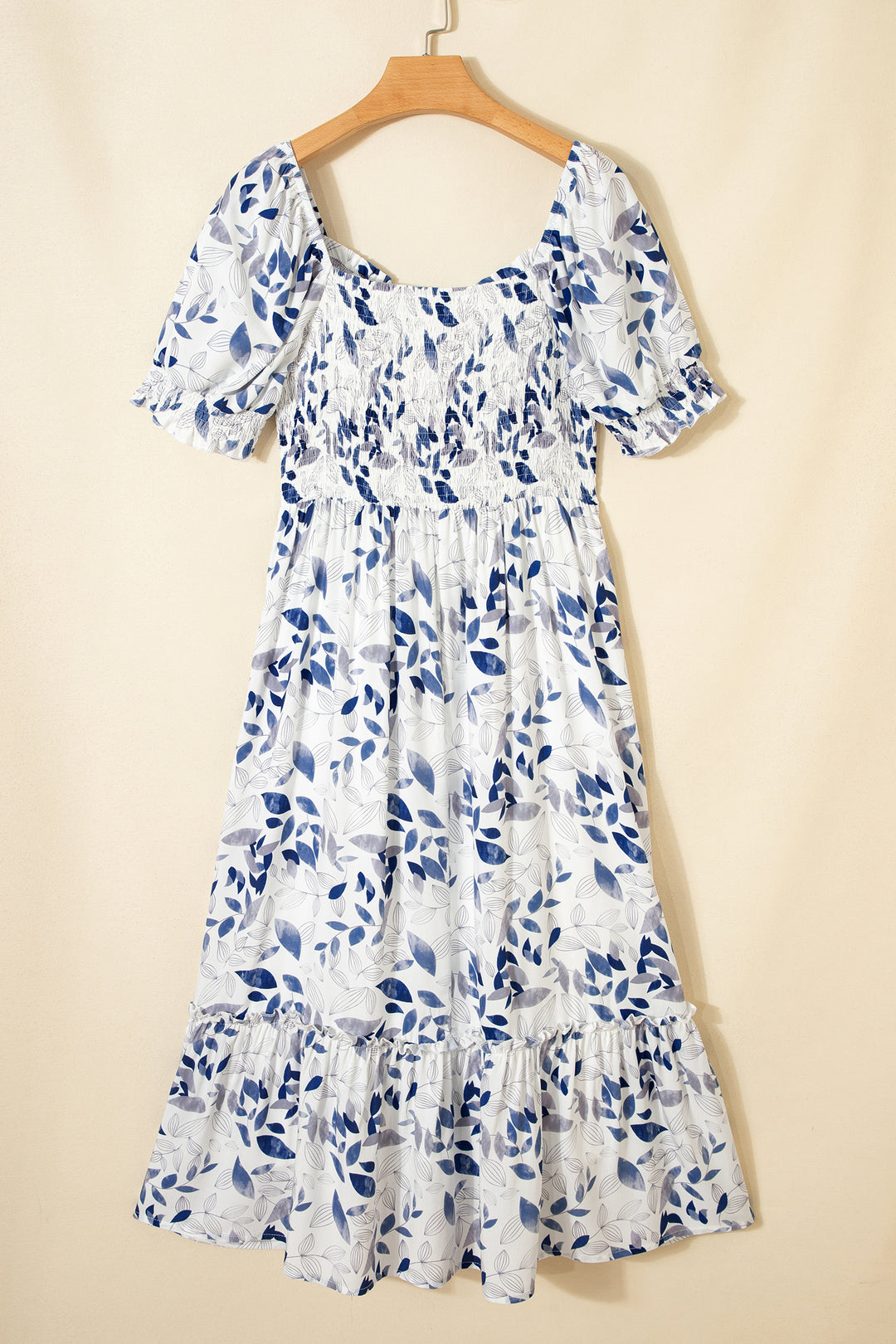 Smocked Bodice Short Puff Sleeve Tiered Floral Midi Dress