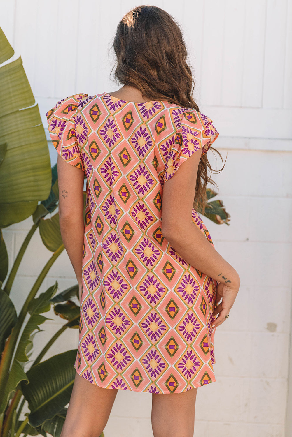 Geometric Floral V Neck Buttoned Ruffled Sleeve Mini Dress