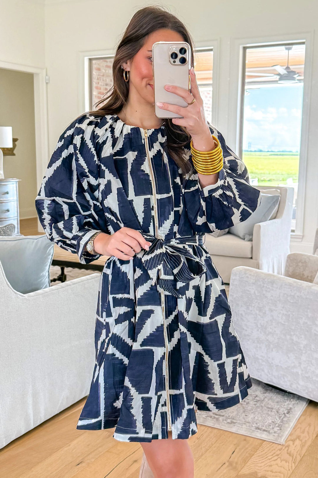 Blue Abstract Geometric Print Zip Front Shift Dress