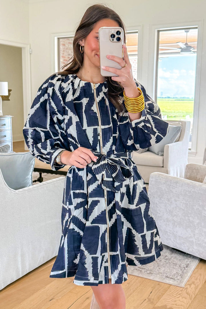 Blue Abstract Geometric Print Zip Front Shift Dress