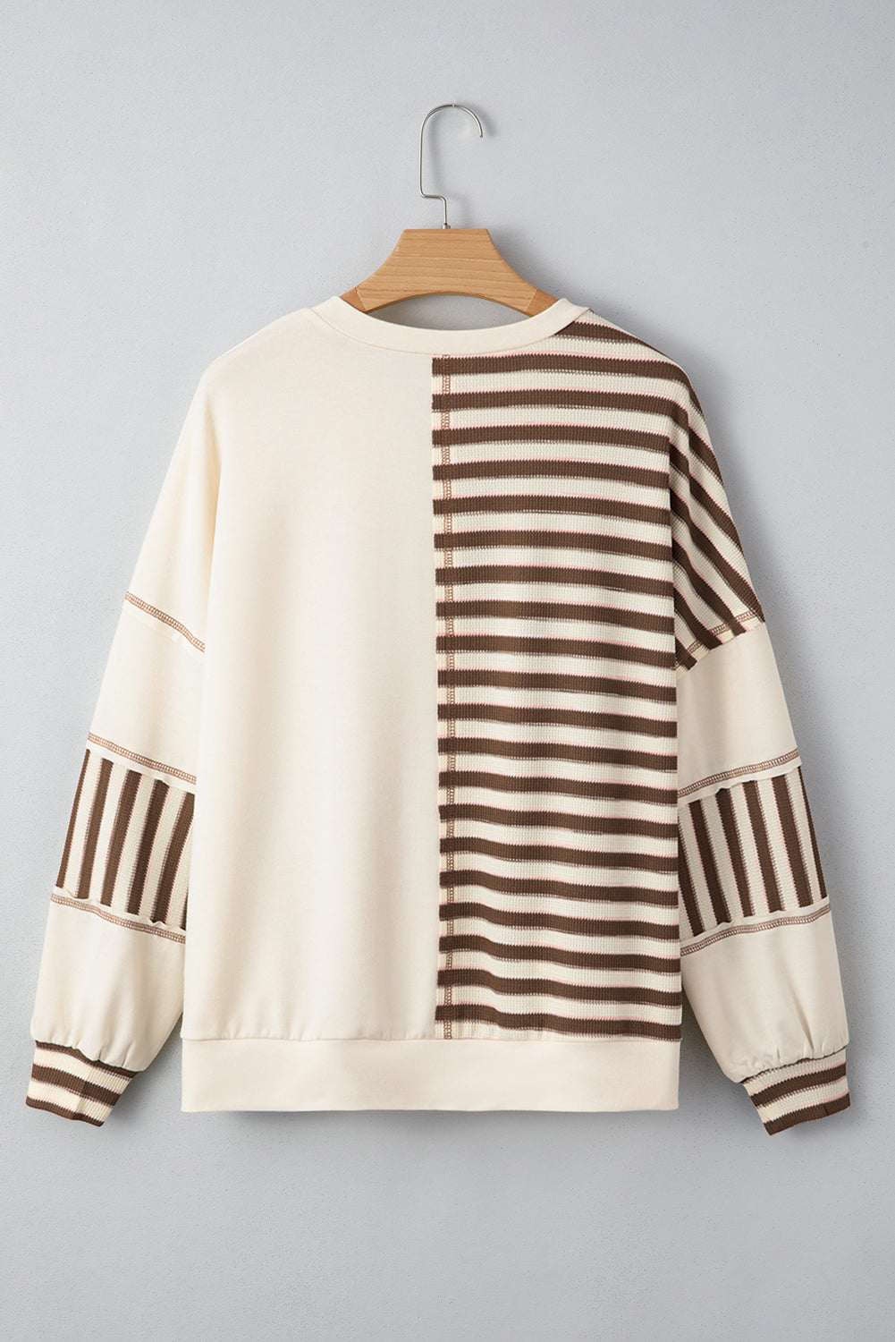 Khaki Stripe Color Block Patchwork Oversized Pullover Top