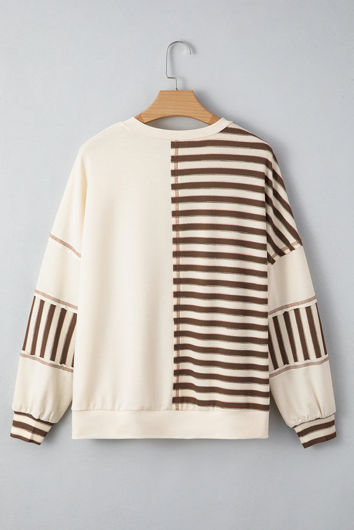 Khaki Stripe Color Block Patchwork Oversized Pullover Top
